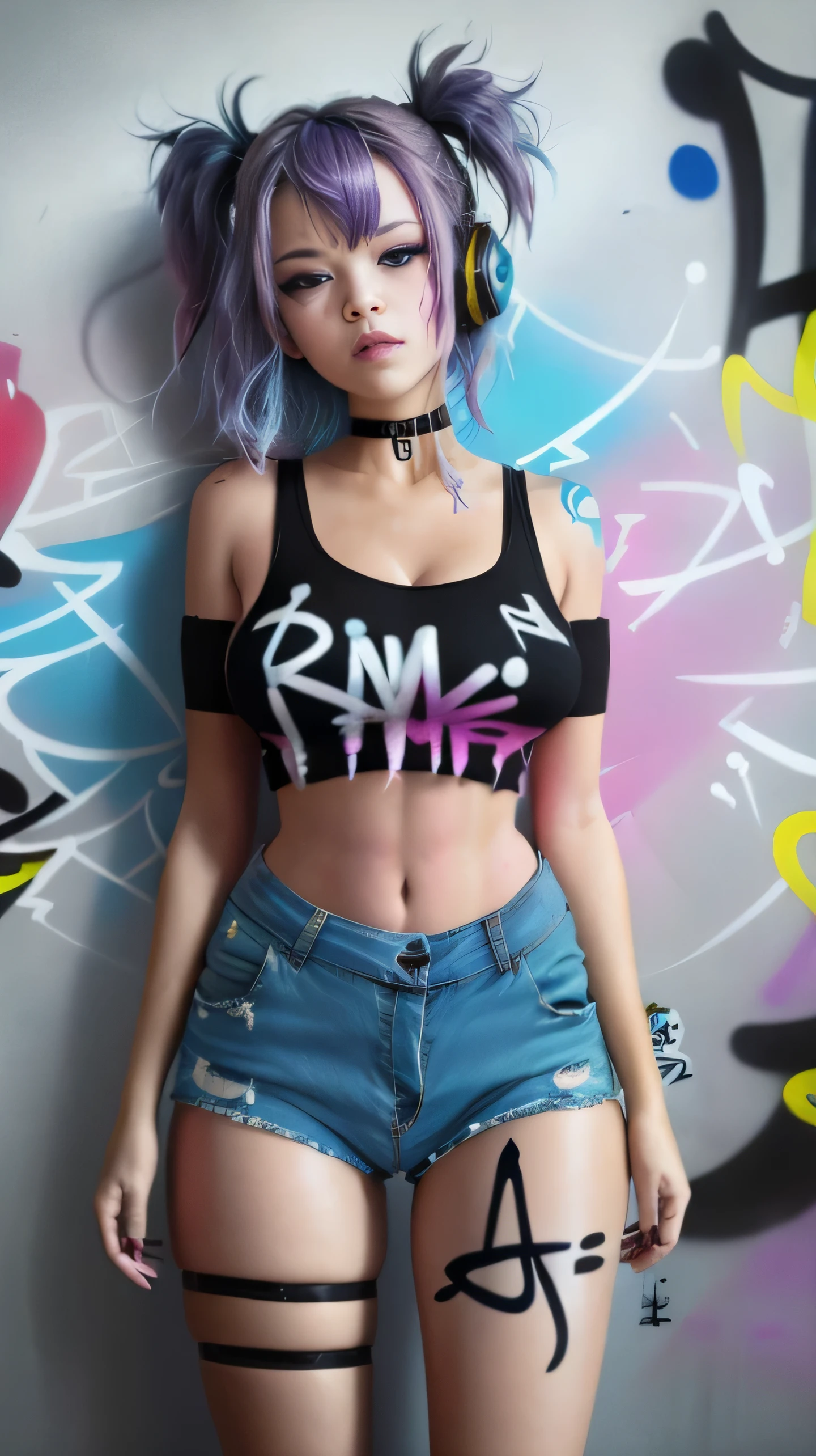 masterpiece, best quality, 1girl, solo, crop top, denim shorts, choker, (graffiti:1.5), paint splatter, arms behind back, against wall, looking at viewer, armband, thigh strap, paint on body, head tilt, bored, multicolored hair, aqua eyes, headset,