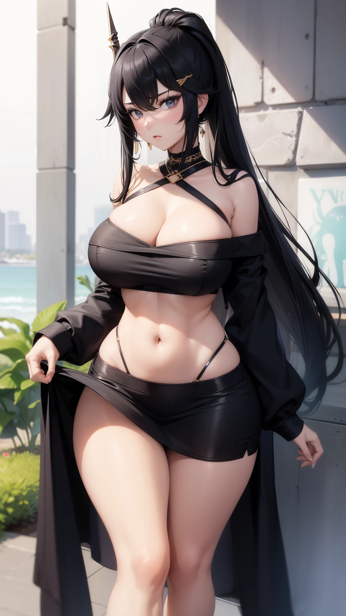 Sexy woman, black hair, off shoulder crop top, miniskirt, wide hips, thick thighs, beautiful face, amazing body, sultry pose, lustful expression, close-up, sexy, mamilos longos, cintura fina, calcinha micro, fundo preto