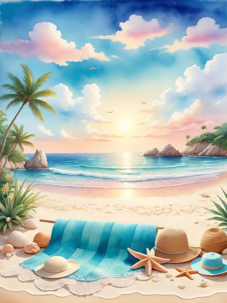 Imagine a peaceful and picturesque beach scene，Captured in the soft, flowing style associated with watercolor art。In the foreground，The soft golden sand is scattered with shells of various shapes and sizes。A beach towel、A sun hat and a pair of flip-flops，Let you spend a relaxing day。Turquoise waves rolling towards the shore，Delicate foam white lace formed on the edges。Behind，The endless blue ocean stretches to the beautiful gradient sky，The transition from the deep blue of the zenith to the soft pink tones of the horizon。White clouds dot the earth，Bringing out the tranquility of the scenery。