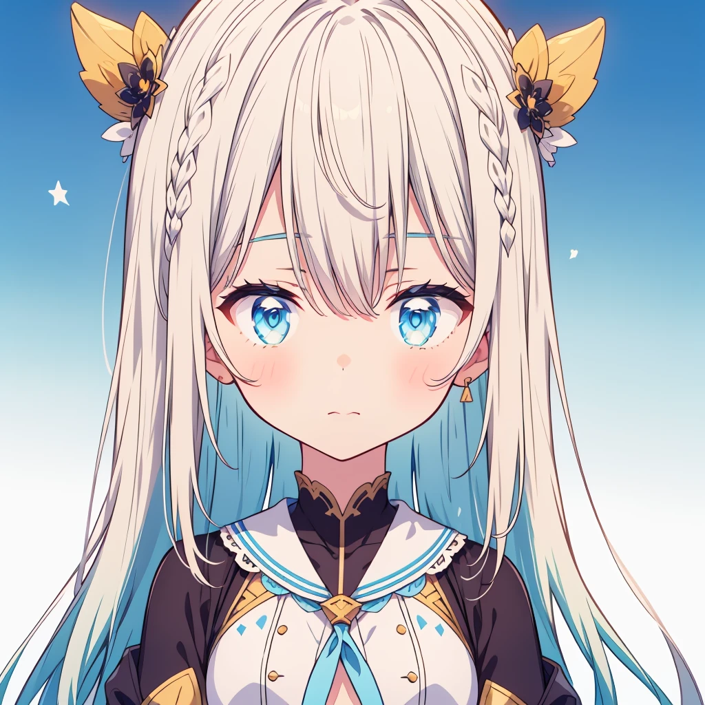 Close-up shot、vtuber-halfbody、Bangs above the eyebrowasterpiece、Best Quality、Best illustrations、Super detailed、Upper Body、solo、1 girl、looking at the camera、Simple Background、Super detailedな眼、Milky white and blue gradient long hair、、kind face、Virtual YouTuber、
