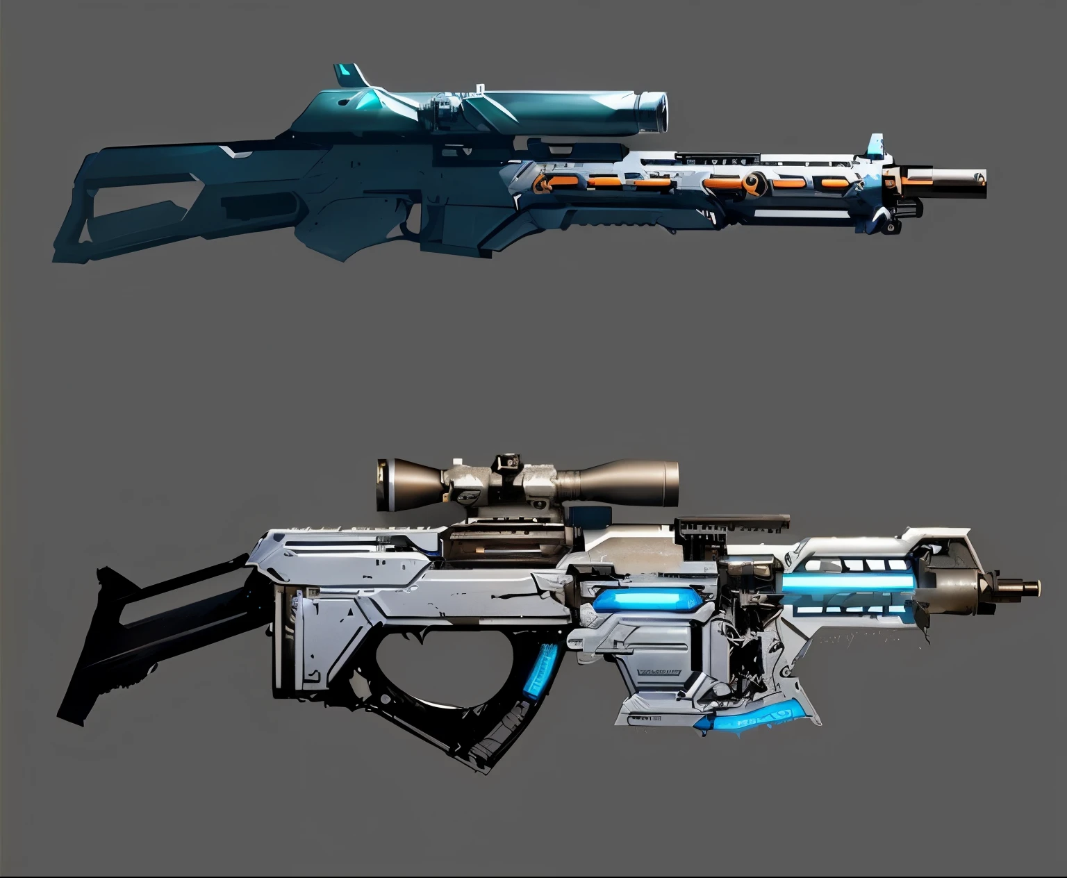 There are two different types of guns with scopes, Pulse Rifle, Weapon Concept Art, Weapon concept art, weaponry concept designs, Weapon Design, There are weapons in the future shotgun, energy rifle, laser rifle, Sci-fi weapons, There are weapons in the future, fps game concept art, futuristic assault rifle, Gauss Rifle, realistic weapons, high detail concept art, Original concept art