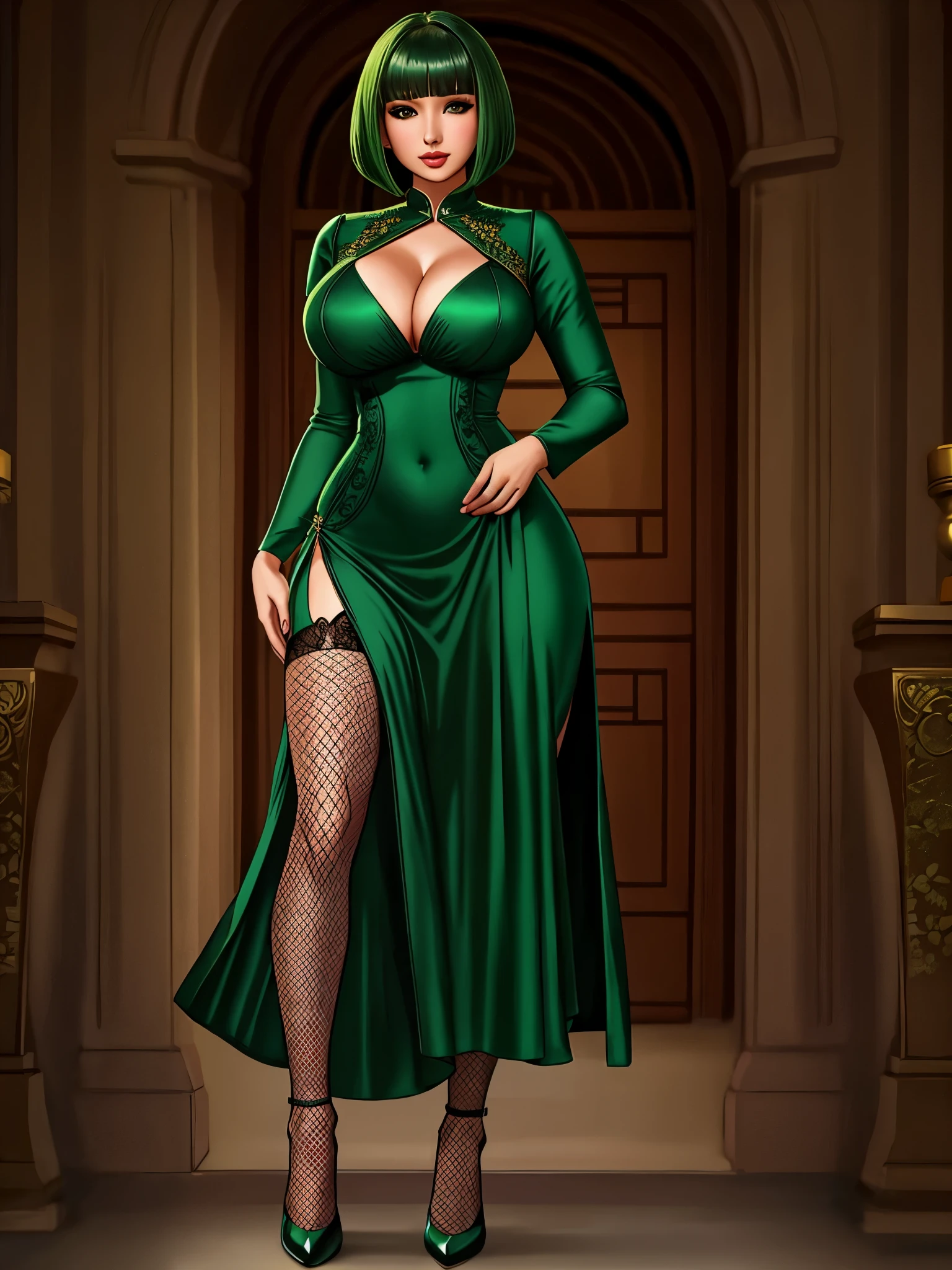 masterpiece, long green embroidered dress, full body shot, cleavage, gorgeous woman, tight clothes, bobcut, asian features, leg slit, fishnet stockings