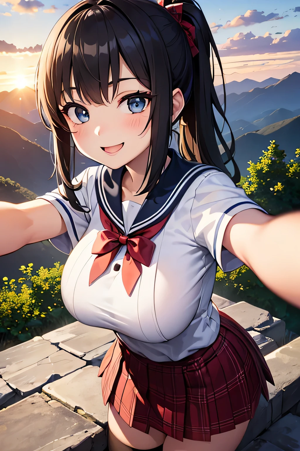 highest quality、High resolution、Detailed Background、(Beautiful face in every detail:1.4)、Anatomically correct、(Draw the usual number of fingers:1.2)、(Detailed facial expressions)、(Detailed eyes:1.2)、(Detailed eyes:1.2)、Beautiful, smooth skin、Beautiful girl in her 20s、(Huge breasts:1.3)、(Highly detailed face:1.4)、Brown Hair、Black Hair、ponytail、Bobcut、Braided long hair、Wavy Hairstyle、well-groomed eyebrows、Perfect body line、Sailor suit、light blue sailor color、Pleated skirt with tartan plaid pattern、Brightly colored school cardigans、White knee-high socks、In a joking manner、Machu Picchu Ruinysterious atmosphere、Cowboy Shot、

(A girl is taking a selfie with a big smile:1.5)、

Lush Mountains々It is located in a beautiful location surrounded by、When the sun rises, the entire ruins shine in gold.、Clouds Mountain々The river flows through the area and envelops the ruins.、Ancient Inca stone structures come into view、
The stone steps and terraces are carefully arranged, and the higher you climb the more spectacular the views of the ruins become.、
From the top of Machu Picchu you can see a deep valley, a flowing river and a mountain range in the distance.々You can see the whole view、The lush terraces of the ruins and the sacred Inca symbols carved into the rocks blend seamlessly into nature.、At sunset, the sunlight shines on the mountain.々We will dye it.、
The orange and red lights reflect off the ruins, adding to the mysterious atmosphere.、
At night, the stars light up the ruins and the sky is filled with constellations.、
The wisdom of ancient civilizations and the mysteries of nature、Amazing beauty、people visiting々It is a place that inspires emotion and respect.、cute