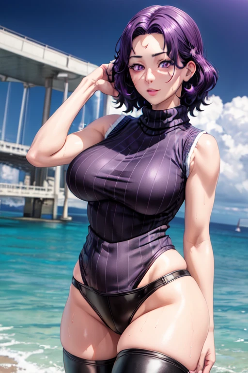 (masterpiece:1.5),(best quality:1.5),(high resolution:1.5),(8k:1,5),(perfect face:1.5),(perfect body:1.5),(perfect hands:1.5),(perfect fingers:1.5),(full body:),,1woman,(realistic:1.3),pale skin,(fighter:1.5),hamaoka_azusa,(purple shirt hair:1.3) , (purple eyes:1.3),( large breasts:1.3),(large ass:1.3),, (detailed face:1.5), (white virgin killer sweater sleeveless:1.5),(black leather pants:1.3), looking a viewer,seductives mile,stand,sea,wet,sweat,
