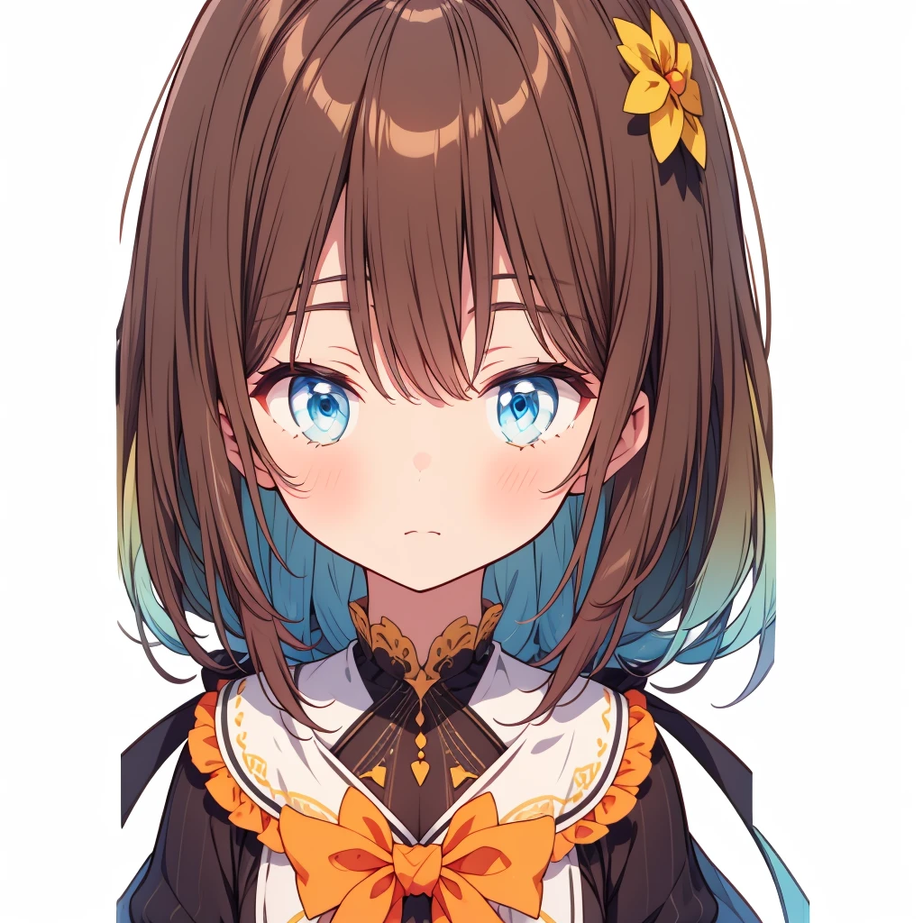 Close-up shot、vtuber-halfbody、Bangs above the eyebrowasterpiece、Best Quality、Best illustrations、Super detailed、Upper Body、solo、1 girl、looking at the camera、Simple Background、Droopy eyes、Super detailedな眼、Milky white and blue gradient long hair、、kind face、Virtual YouTuber、