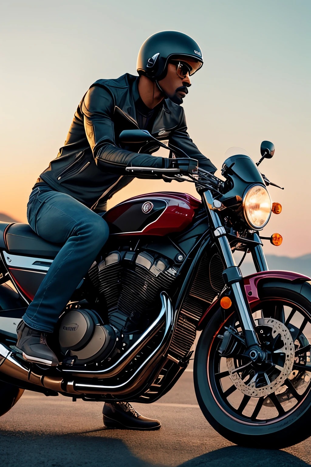 Description: A tall, slender man with smooth, dark skin, elegantly framed by a thin mustache, rides a Honda Win motorcycle. His hair is styled in a wolf cut, accentuating his angular features. The sun sets in the background, casting a warm glow on his toned physique as he expertly navigates the winding roads. The motorcycle engine hums in the still air, the sound of revving cylinders mingling with the gentle rustle of leaves in the breeze. The man wears a leather jacket, its sleeves rolled up to reveal his muscular forearms, a perfect contrast to the machine he rides. The Honda Win's metallic she