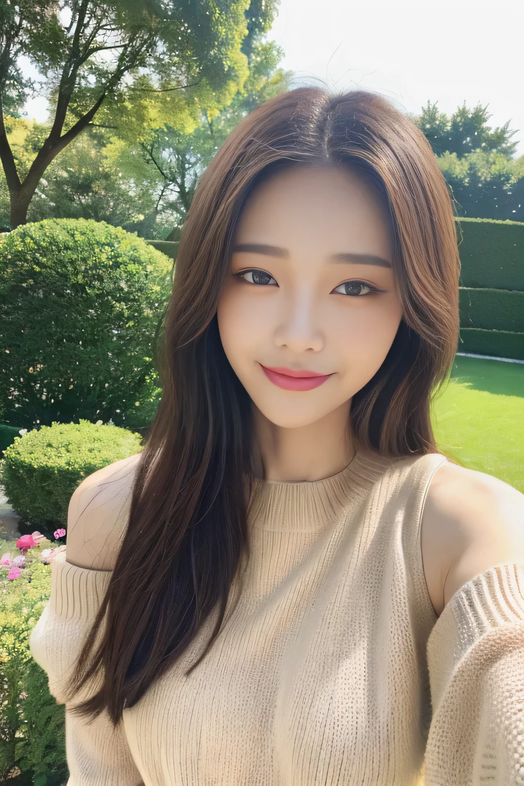 ((highest quality, 8K, masterpiece:1.3)), concentrated:1.2, Perfect body beauty:1.4, Hips:1.2, ((Delicate Hair)), (Colorful Solid Cold Shoulder Oversized Sweater、 :1.1) , ((highest quality、8K、masterpiece:1.3))、1 Girl、A sloppy smile、Esbian all over、Slim face、Big 、Beautiful woman、(Dark Brown Hair)、、1.1、Flickering Valley、Detailed eyes、double eyelid、Blurred Background、超Slim face、Looking down、garden、