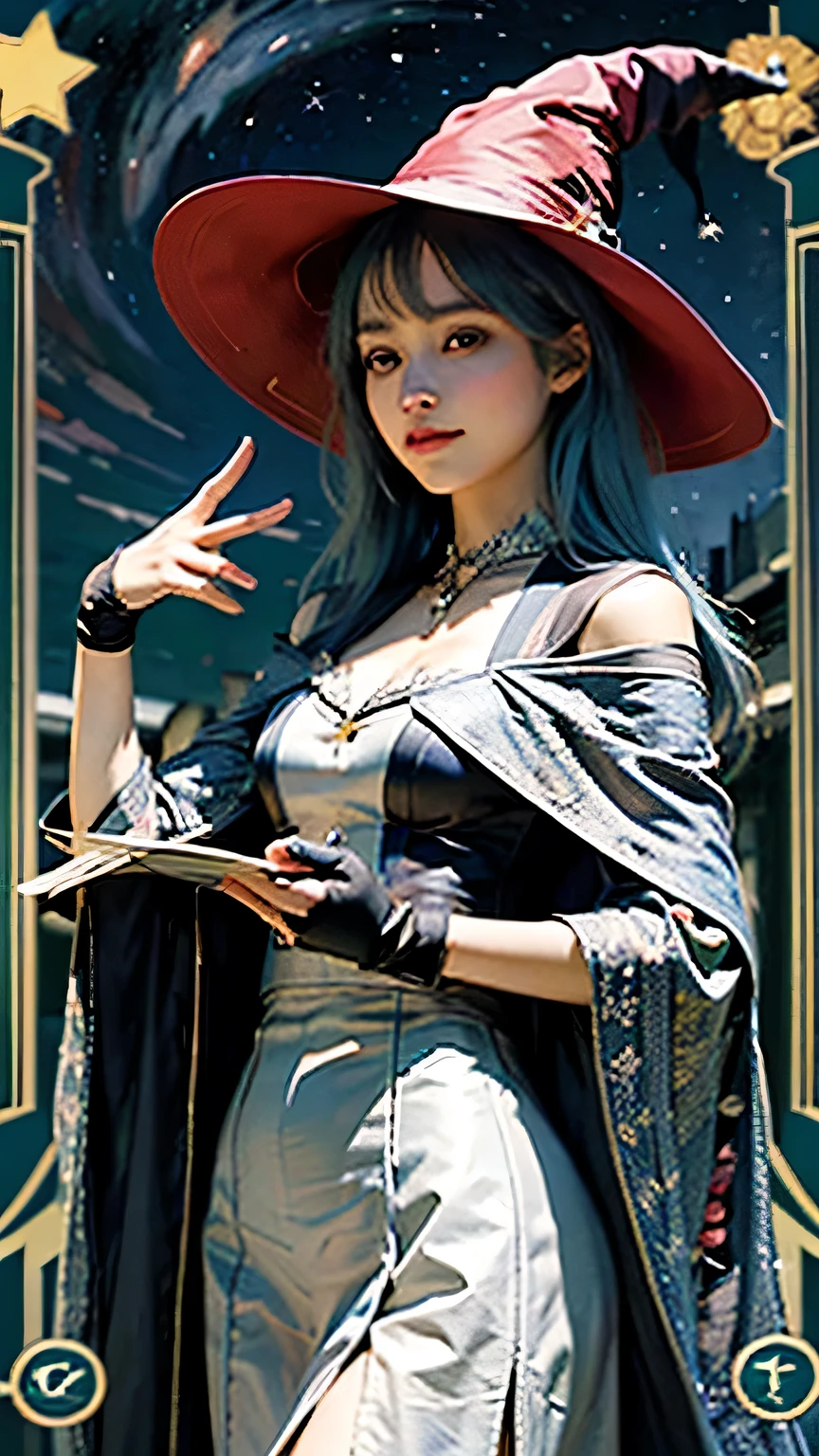((masterpiece:1.2, highest quality)), One girl, alone, (Witch Hat), blonde, Long Hair, skirt, Aurora, night, performer (null), gloves, null, white skirt, night null, Open your mouth, starry null, blue eyes, ribbon, Long Hair, Red dress, smile, head band, Cape, Blue Hair, (bird), magic, Spell casting, Dark Clouds, night, (Impressionism: 1.4), (Tarot: 1.3), Alphonse Mucha,
