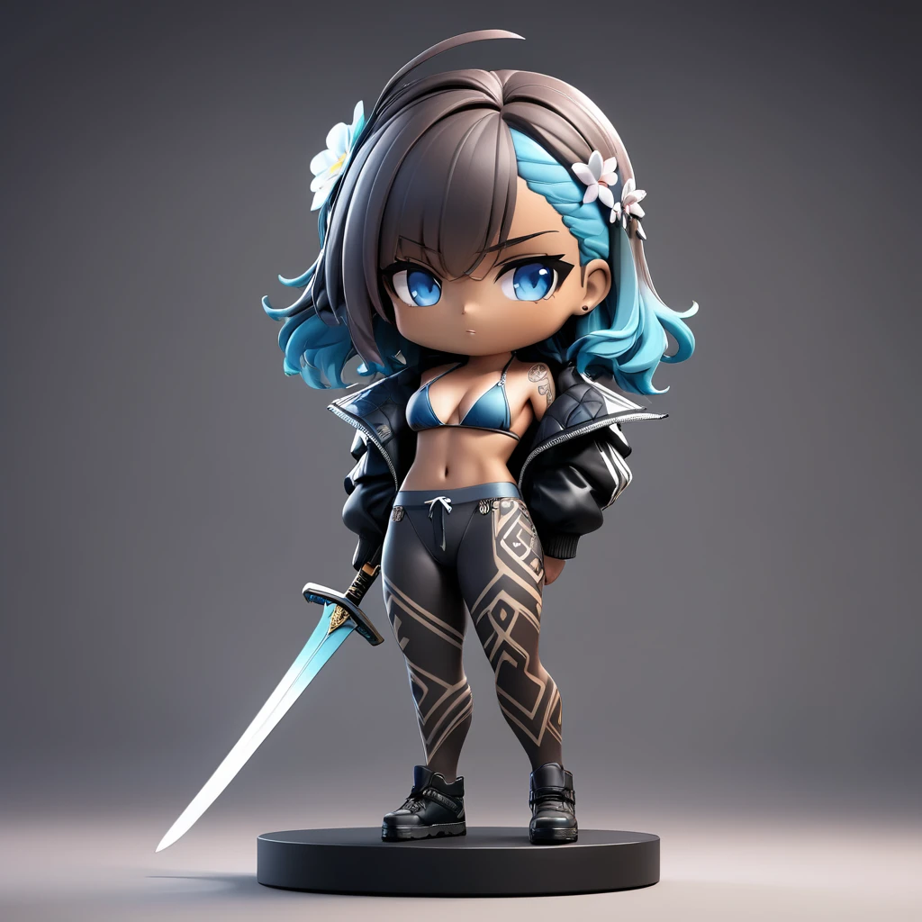 3D figure,high quality photo of figure, cleary outlined, very cute and bautiful anime 1girl,(warrior,swordswoman:2.5), (with swords:3.0), standing on pedestal, (serious:3.5), (short-pants-bikini,midriff jacket:3.5),(chibi:2.5), (solo:2.0), (full body:4.0), simple and flat background, (masterpiece,best quality,ultra detailed,extremely detailed,absolutely resolution,absurdres,8k), BREAK,(highly detailed face and eyes:4.0),(dark_skin:5.5),(tribal_tatoos:4.5),(wavy hairs),(long hairs),(messy hair),(asymmetry bangs),(dark brown hair, red streaked hair, blue streaked hair:3.5),(blue-eyes:3.5),(flower hair ornament:3.5),(Intricate Iris Details,Depth and Dimension in the Pupils:2.5),
