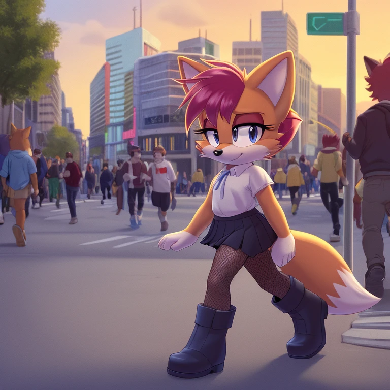 score_9, score_8_up, mobian, fox, 1girl, solo, red fur, red hair, blue highlights, streaked hair, (half-rim) glasses, grey eyes, bob cut, swept bangs, pleated skirt, black skirt, grey pantyhose, sheer pantyhose, fishnet sleeves, black boots, city, crowded, on sidewalk, expressionless, walking