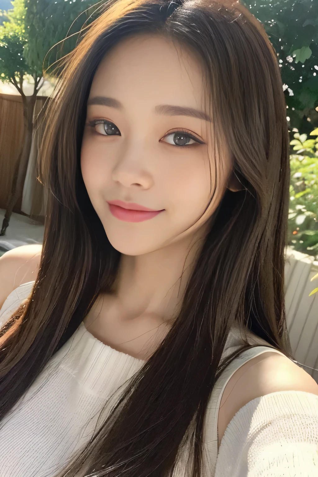 ((highest quality, 8K, masterpiece:1.3)), concentrated:1.2, Perfect body beauty:1.4, Hips:1.2, ((Delicate Hair)), (Colorful Solid Cold Shoulder Oversized Sweater、 :1.1) , ((highest quality、8K、masterpiece:1.3))、1 Girl、A sloppy smile、Esbian all over、Slim face、Big 、Beautiful woman、(Dark Brown Hair)、、1.1、Flickering Valley、Detailed eyes、double eyelid、Blurred Background、超Slim face、Looking down、garden、
