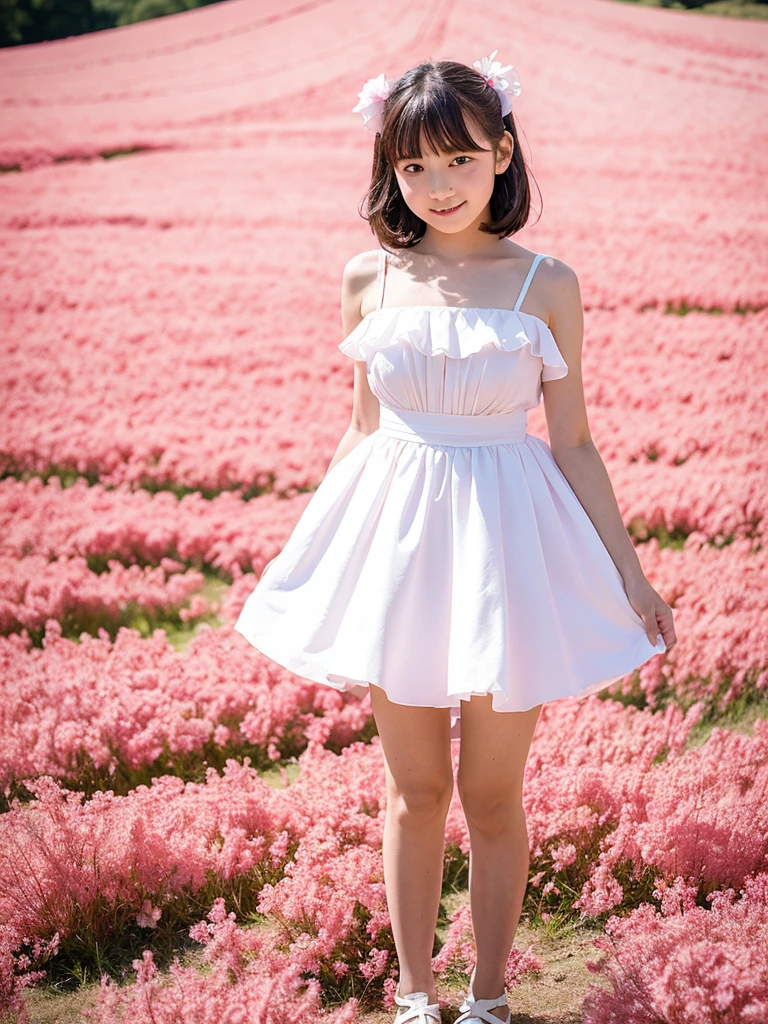 Girl standing in a pink flower field,White ruffled long flare dress,,bangs,A small smile,Thighs,knees,Short hair and low pigtails、Barrette with white ribbon,From below,Front light,(Big Breasts)