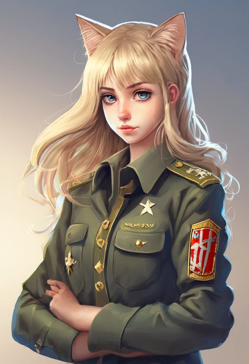Girl from Ukraine , Ukraine anime girl ,Ukraine ,  Full body composition of a young woman with messy light blonde hair, maquiagem dos olhos, 11 anos, orelhas de gato, soft lighting, sozinho, vestido com um velho uniforme militar futurista rasgado e esfarrapado, cat's paw badge, Posar, cores manchadas, octan render, Detalhe intrincado hiperrealista, cinemactic, 8K resolution, 70mm, highlight lighting, global ilumination, retrato de corpo inteiro, limpar rostos detalhados, roupas intrincadas, cara bonito, peito achatado, cintura fina, pernas finas, quadris pequenos