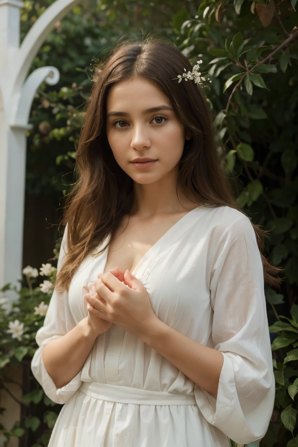 (best quality,highres,ultra-detailed,realistic:1.37),beautiful extraordinary girl of exceptional beauty,serene atmosphere,soft sunlight,inspiring religious artwork,traditional oil painting,subtle brushstrokes,noble expression of faith,divine love,delicate textures,golden halo,pure white garment of purity and innocence,gentle color palette,divinely guided hands,peaceful garden backdrop,symbolism of spiritual rebirth,transcendent connection between Marie Madeleine Rousse and Jesus Christ