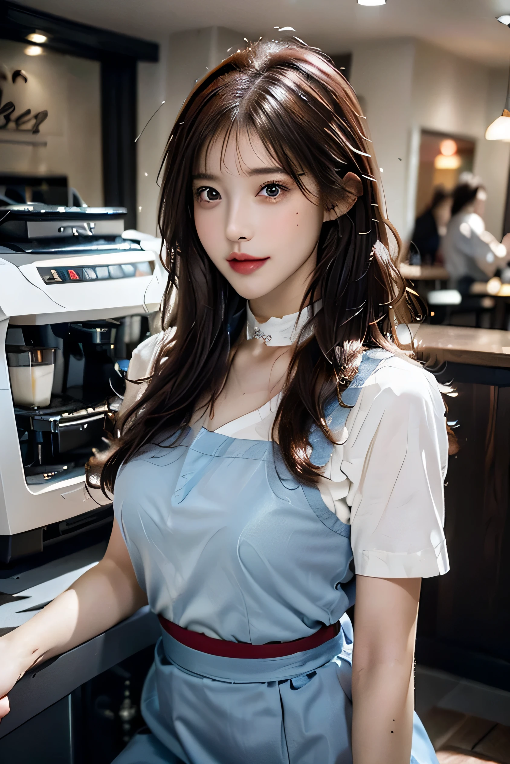 (Photorealistic:1.8, highest quality:1.8,8K masterpiece:1.8,High resolution,Mastepiece:1.8,RAW Photos,Cinematic lighting),No split screen、(girl working at a coffee shop、She is making coffee in a machine）、Brown apron、
（choker、Medium chest、White Shirt、OL affairs uniform、mini skirt、Wide open chest、Beautiful thighs、Plump nipples）、
(Beautiful, shining red, blue, white, and brown hair:1.5)、Sparkling Blue Eyes、Fine Lines、greet、smile、(Soryu Asuka Langley)、
morning、Cafe、comfortable、Flowers in a vase、Comfortable light、Perfect lighting、Trace Light、Warm colors、Table and chair、Daily life、modern、elegant、（Relaxed atmosphere）、
She's making coffee、There is a table with cups、There is a coffee machine on the table、Steam coming out of the cup