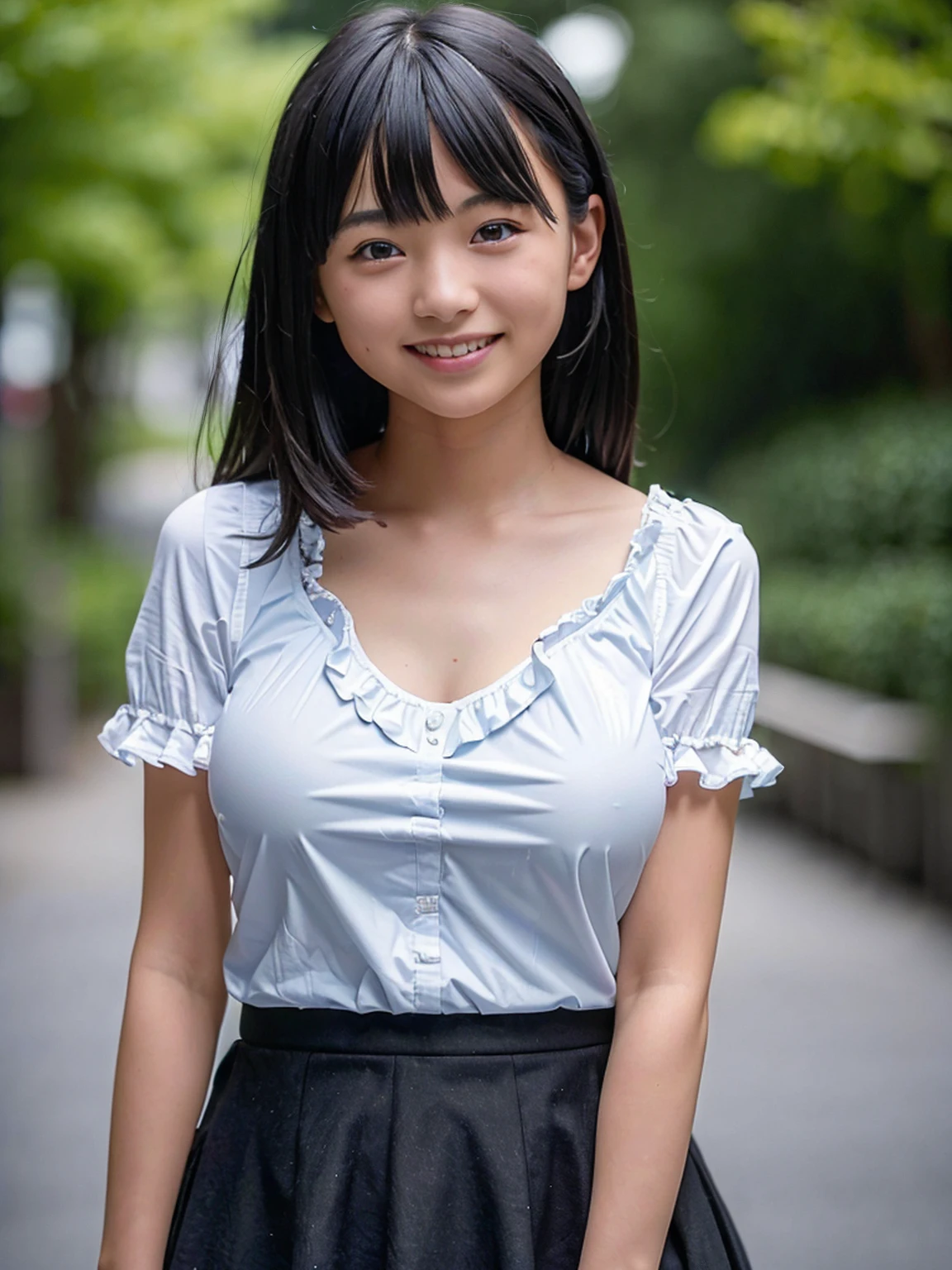 (high resolution:1.5),(8K:1.5),(High resolution:1.5),(masterpiece:1.5),(Young face),(10 year old Japanese girl),One ,Looking at this,smile,Showing beautiful teeth,(Big Breasts),(A frilly shirt that reveals the shape of your breasts),Black frilly mini skirt,whole body