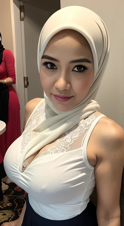 36 Years old, Female, Ladies night owner, Hijab Indonesian Mature Woman, Wearing Casual dress, wearing White Lace, Realistic face, realistic wrinkels breast, Realistic Ultra Gigantic Breast, Breast About to Burst out, PP cup Breast, Seducting Look. Full body, seductive body language, big CHEST, Skinny, red lace, hand holding breasts ((pinching))