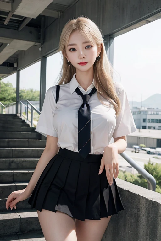 Grey Eyes, korean , Summer Shirts, Ribbon tie, skirt, Light Blonde, School stairs, going down School stairs, Chest thrust pose, Breast-flaunting pose, 8k RAW photo, High resolution, Cool Korean 16 year old, Very big round breasts, Beautiful eyes in every detail, Long eyelashes, Beautiful double eyelids, eye shadow, eyeliner, Narrow eyes, Elongated eye shape, Three white eyes, Wicked Smile, Evil look, Beautiful and slim legs, Beautiful and thin thighs, Random Medium Hair, Tie your hair behind your head, Earrings,
