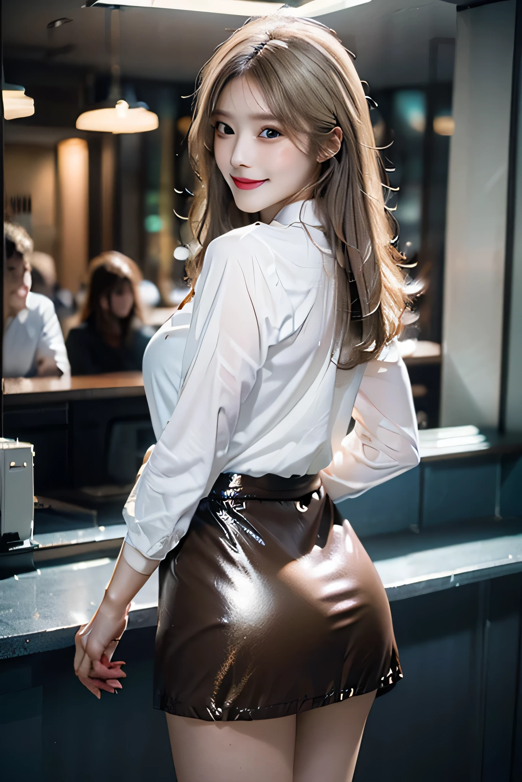 (Photorealistic:1.8, highest quality:1.8,8K masterpiece:1.8,High resolution,Mastepiece:1.8,RAW Photos,Cinematic lighting),No split screen、 morning、Cafe、（A girl carrying coffee:1.5)、(Soryu Asuka Langley)、Photo from behind、 （choker、Medium chest、White Shirt、OL affairs uniform、mini skirt、Beautiful ass、Beautiful thighs、Plump nipples、Cutting-edge fashion）、 Shortcuts、(Beautiful shiny blue-brown white-blonde hair:1.5)、Sparkling Blue Eyes、Fine Lines、Smiling happily