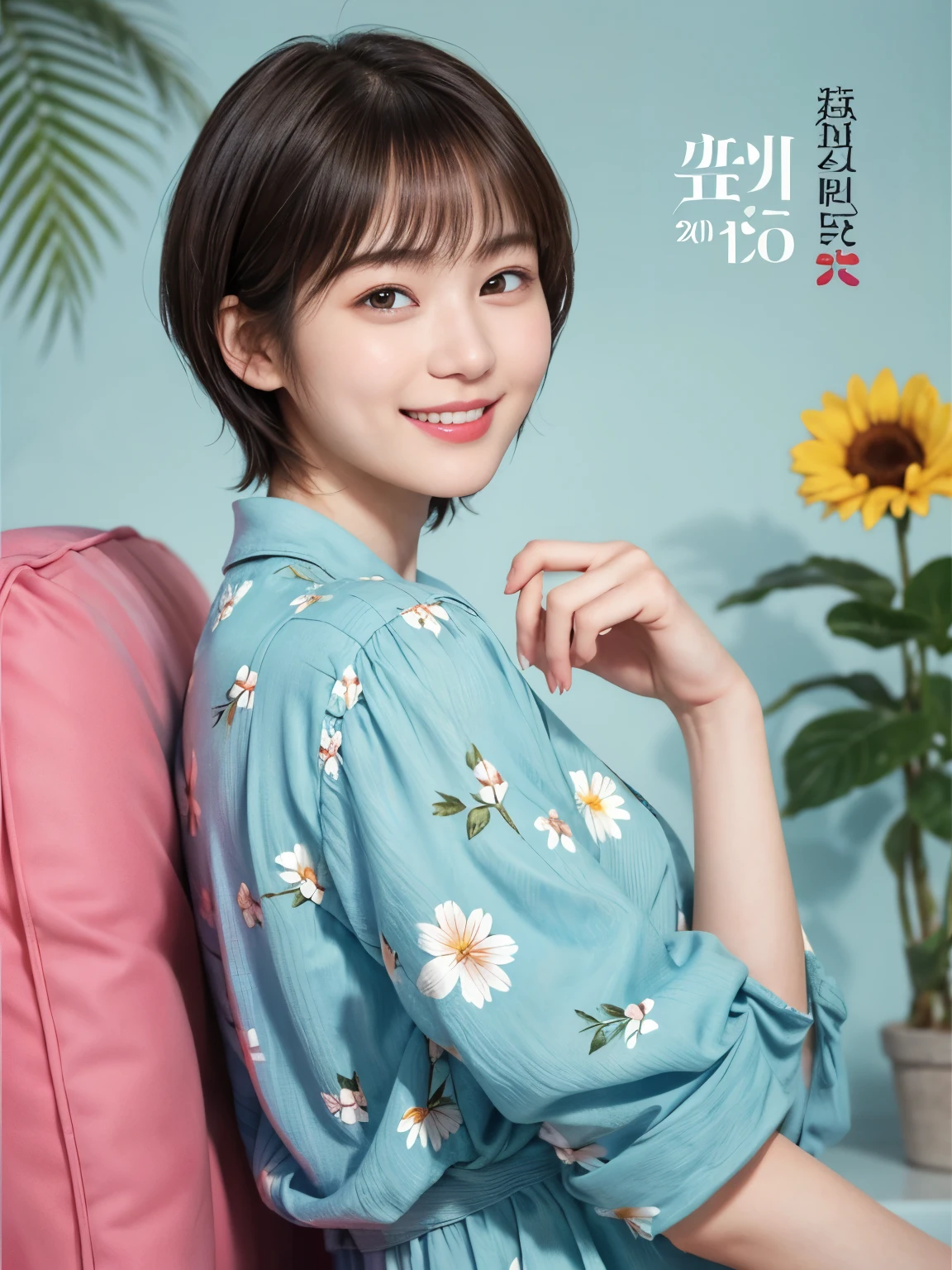 215 Short Hair, 20-year-old woman, A kind smile, Floral