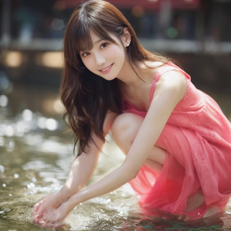Put your hands in the water、A kneeling woman in her fifties, realistic 若いグラビアIdol, Wearing a mini dress20Japan Female、若くて可愛いグラビアIdol, cute beautiful, Beautiful Japanese girl face, Beautiful Asian Girl, Japanese Model,Idol、 Gentle smile, 若手官能グラビアIdol, 若いグラビアIdol, Beautiful cute, Young and pretty girl, Very beautiful photos、looking at the camera、Darken the background