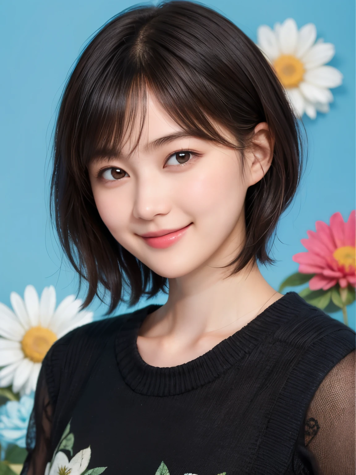 215 Short Hair, 20-year-old woman, A kind smile, Floral