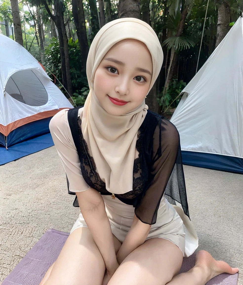 8K, Top Quality, Intricate Details, Ultra Detail, Ultra High Resolution, Masterpiece, random angle,  Slender, Smile, (Makeup: 0.4), (Fluffy brown Eyes: 1.21), brown Eyes, looking at viewer, ((full body)), 1girl, solo, 1 girl, (( full body)), ((tall)), (((fit body))), (((slim face))), sharp face, sharp eyes, no bra, no underwear, showing breasts,(((wearing hijab))  (detailed face), sharp face, small lips, 
Wearing long pastel pashmina hijab, wearing thigt cream blazzer. Undressing nude body, showing nipples, wearing short tight skirt, detailed face, detailed breast, large breast, detail ass, , Beautiful girl with accentuated slender abs: 1.4, Bust Botox, Big, Perfect Body, detail leg, lustfull smile, seducting look, sitdown in the mat, background of tents and tropical forest.