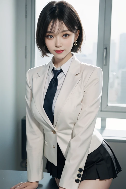 8k RAW photo, High resolution, A cool 21 year old Korean, Big round breasts, , tie, tie ribbon, blazer, skirt, Beautiful eyes in every detail, Long eyelashes, Beautiful double eyelids, eye shadow, Long, narrow eyes, Three white eyes, Heavy eye makeup, Wicked Smile, Beautiful slim legs, Short hair tied back, Earrings, School classroom