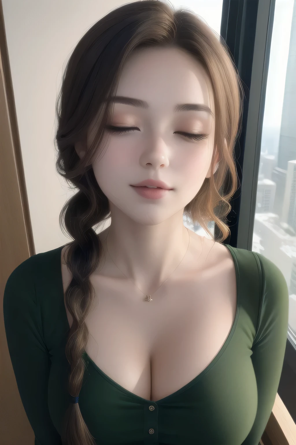 (Night:1.7), Modern apartment, high rise, CityView, Before Window,
Standing at attention,Hands Down,
Green shirt,long sleeves, cleavage, collarbone,
Glasses,brown hair,purple eyes,braid,single braid,yellow hair ornament,
1 girl, 20yo,Young female,Beautiful Finger,Beautiful long legs,Beautiful body,
Beautiful Nose,Beautiful character design, perfect eyes, perfect face,expressive eyes,
looking at viewer, in the center of the image,(Upper_body),(Focus on her face),
official art,extremely detailed CG unity 8k wallpaper, perfect lighting,Colorful, Bright_Front_face_Lighting,shiny skin,
(masterpiece:1.0),(best_quality:1.0), ultra high res,4K,ultra-detailed,
photography, 8K, HDR, highres, absurdres:1.2, Kodak portra 400, film grain, blurry background, bokeh:1.2, lens flare, (vibrant_color:1.2)
(Beautiful,large_Breasts:1.4), (beautiful_face:1.5),(narrow_waist),