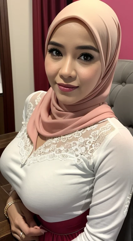 36 Years old, Female, Ladies night owner, Hijab Indonesian Mature Woman, Wearing Casual dress, wearing White Lace, Realistic face, realistic wrinkels breast, Realistic Ultra Gigantic Breast, Breast About to Burst out, PP cup Breast, Seducting Look. Full body, seductive body language, big CHEST, Skinny, red lace, hand pinch breasts nipple ((pinching))