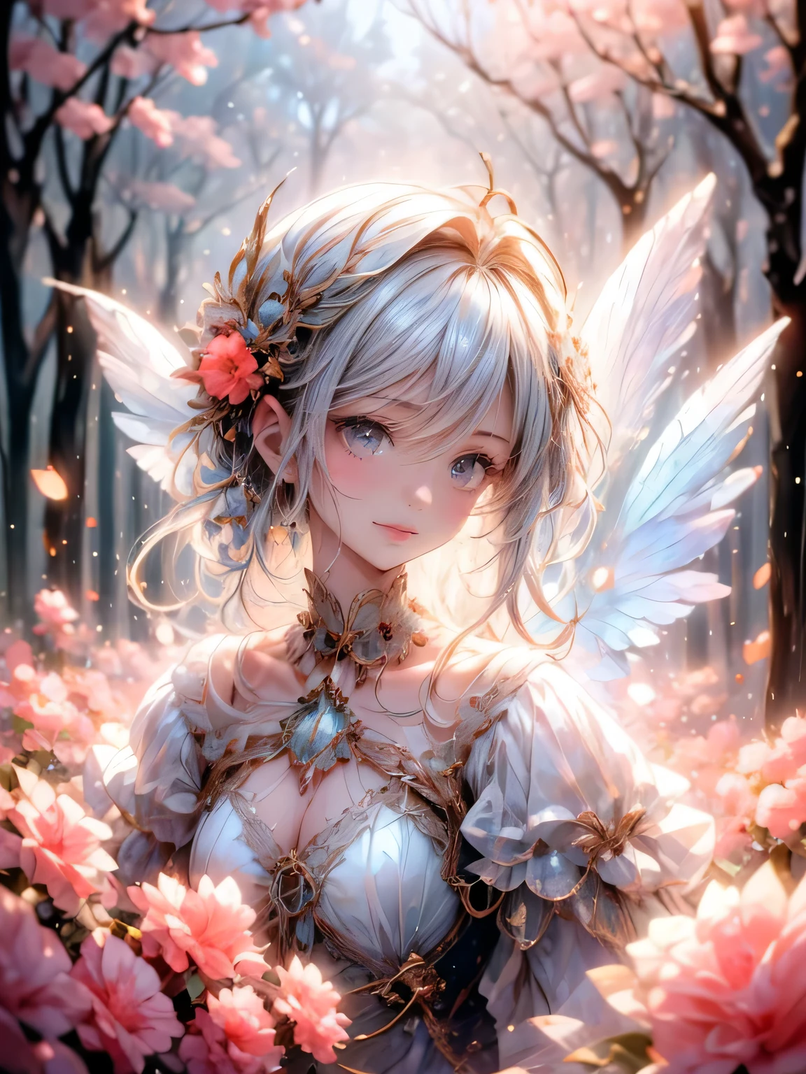 best quality,ultra-detailed,realistic,portrait,transparent crimson ball gown dress,flower fairy,classic garden,colorful flowers,illustration,painterly rendering,vivid colors,luscious garden,magical atmosphere,soft sunlight streaming through trees,delicate petals,natural beauty,ethereal and enchanting,airy and light-filled,surreal and dreamlike,impressive attention to detail,subtle shadows and highlights,dainty wings,graceful posture,joyful expression,sparkling dewdrops on the petals,fantasy realm,romantic and whimsical vibes,harmonious composition,feminine and elegant,meticulously crafted lacework,ethereal beauty,intricate embroidery,meticulous brushstrokes,textured surfaces,soft and flowing fabrics,painted romance,storybook-like setting,serene and tranquil,lively and vibrant,immersive art experience,enchanted garden,children's book illustration,unforgettable visual storytelling