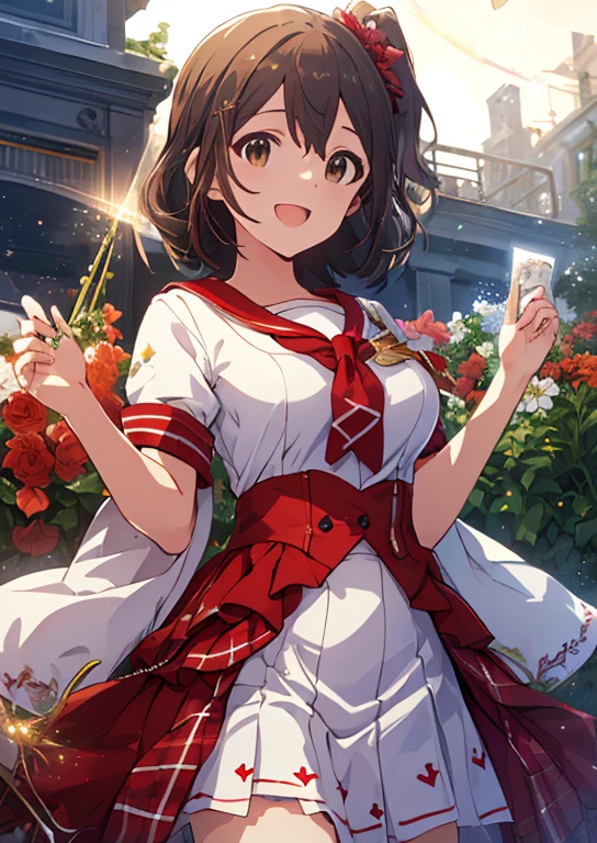  (Idol Master), (highest quality, 8k, masterpiece, Very detailed:1.4), (Lens flare, Particles of light, Shine), Big Breasts, smile, Open your mouth, masterpiece, highest quality, Very detailed, High resolution, Very detailedなCG, masterpiece, Official Art, From below,  Perfect body, Red checked skirt, Sailor suit, night, garden, squirt