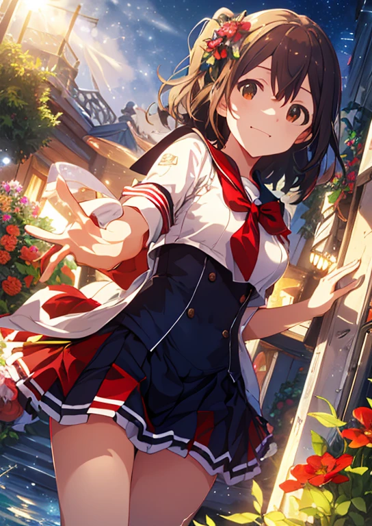  (Idol Master), (highest quality, 8k, masterpiece, Very detailed:1.4), (Lens flare, Particles of light, Shine), Big Breasts, smile, Open your mouth, masterpiece, highest quality, Very detailed, High resolution, Very detailedなCG, masterpiece, Official Art, From below,  Perfect body, Red checked skirt, Sailor suit, night, garden, squirt