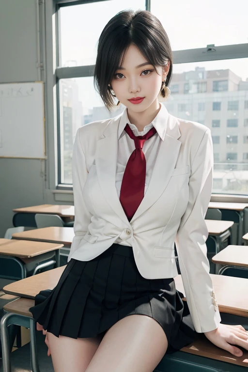 8k RAW photo, High resolution, A cool 21 year old Korean, Big round ???????, , tie, tie ribbon, blazer, skirt, Beautiful eyes in every detail, Long eyelashes, Beautiful double eyelids, eye shadow, Long, narrow eyes, Three white eyes, Heavy eye makeup, Wicked Smile, Beautiful slim legs, Short hair tied back, Earrings, School classroom
