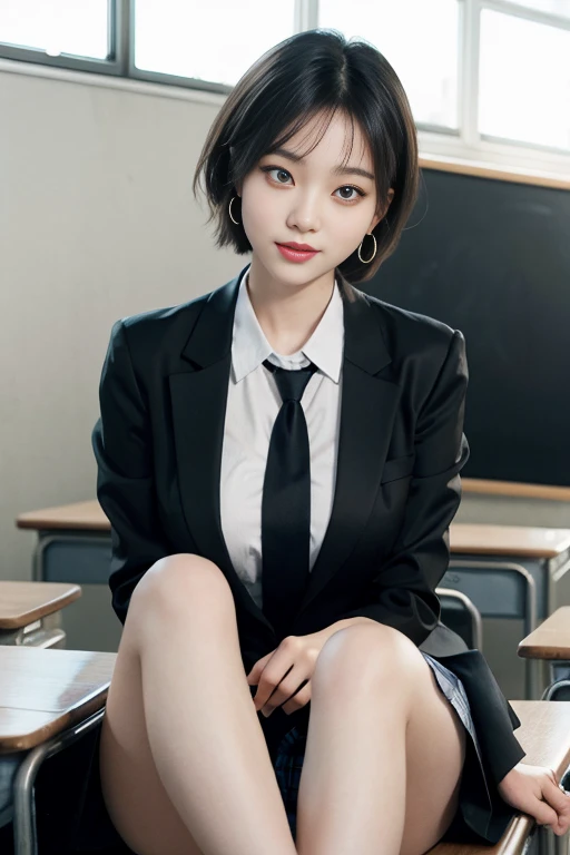 8k RAW photo, High resolution, A cool 21 year old Korean, Big round breasts, , tie, tie ribbon, blazer, skirt, Beautiful eyes in every detail, Long eyelashes, Beautiful double eyelids, eye shadow, Long, narrow eyes, Three white eyes, Heavy eye makeup, Wicked Smile, Beautiful slim legs, Short hair tied back, Earrings, School classroom