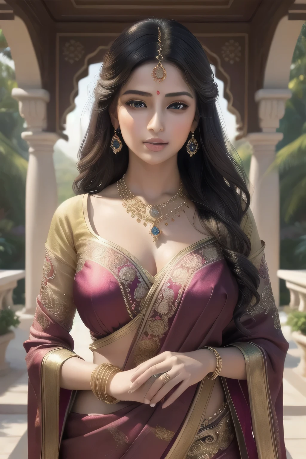 Huma Qureshi（Huma Qureshi）As an oil painting of Princess Rajput , Young, Beautiful, Large breasts, Gorgeously dressed Gagracioli, Deep cleavage, Wear jewelry, Bindi, Ring in the nose, necklace, Long Earings , bangle, Stand in a medieval castle, Castle tower in the background, Upper body view, Front view, by Boris Vallejo, Frank Frasertta