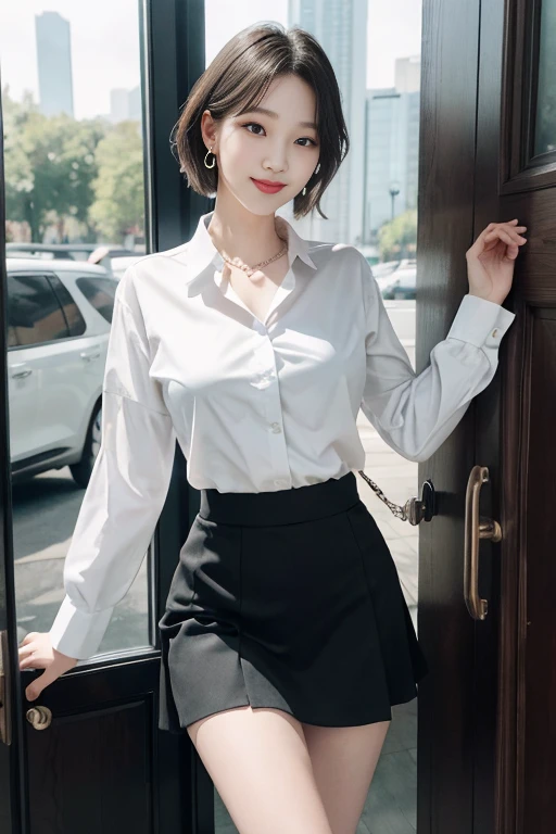 8k RAW photo, High resolution, 14 years old Korean, Very big round breasts, ribbon, Formal Shirt, Formal Skirt, Very thin mouth, Duck mouth, Grin,, intimidating pose, Beautiful eyes in every detail, Long eyelashes, Beautiful double eyelids, eye shadow, Long-term, Three white eyes, Beautiful slim legs, necklace, Earrings, short hair, The front door of a large company, Large corporate office