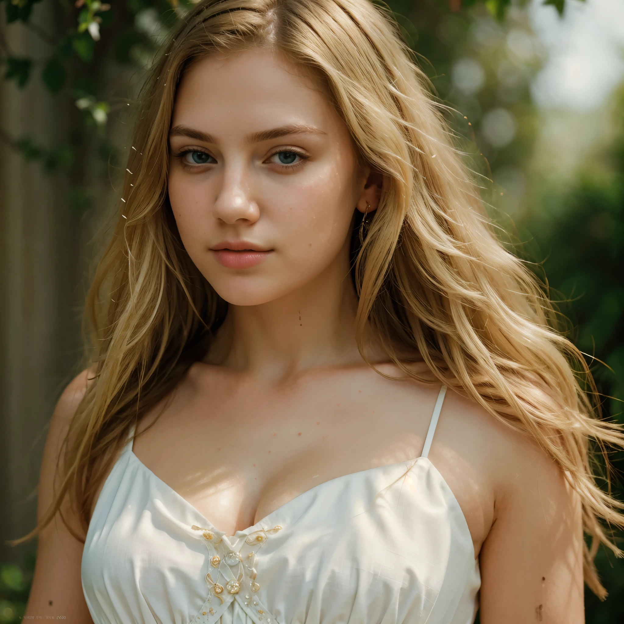 (Mejor calidad,8k,ultra detallado,obra maestra:1.2),hermoso y estetico,hiperrealismo,Photography, hermosa chica, adolescente, ojos grises, Cabello largo y rubio, sad expression, white rose garden, Luz tenue.