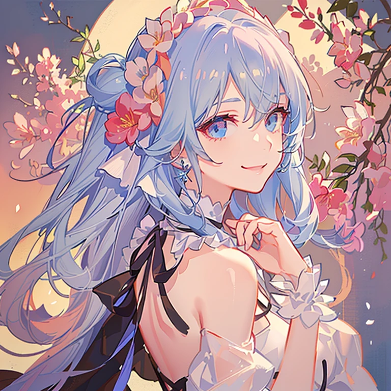 multicolored hair, hair over shoulders, hair splayed out, jewelry, Moles under eyes, Colored Contact Lenses, Earrings, Smile, Anime, romanticism lain, Ghibli-like colors, Anime style, back lit lighting, full bloom, Fuji colors, kanon, hyper HD, Masterpiece, Anatomically correct, Best quality, Textured skin