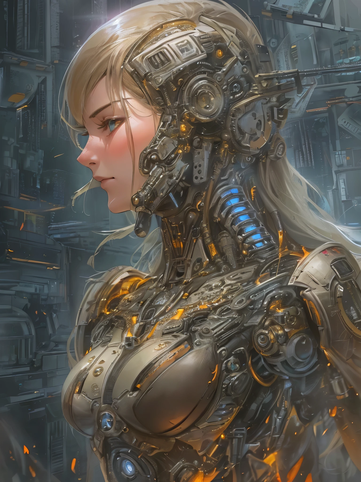 ((highest quality)),(Ultra-high resolution),(Very detailed),(Detailed Description),((The best CG)),(A masterpiece),Ultra-precise art,amazing drawing art,(Sci-fi art with intricate detail:1.5), (Female Cyborg:1.5),(Beautiful and well-proportioned face:1.4), Burning fighting spirit,Cold and hard mechanism