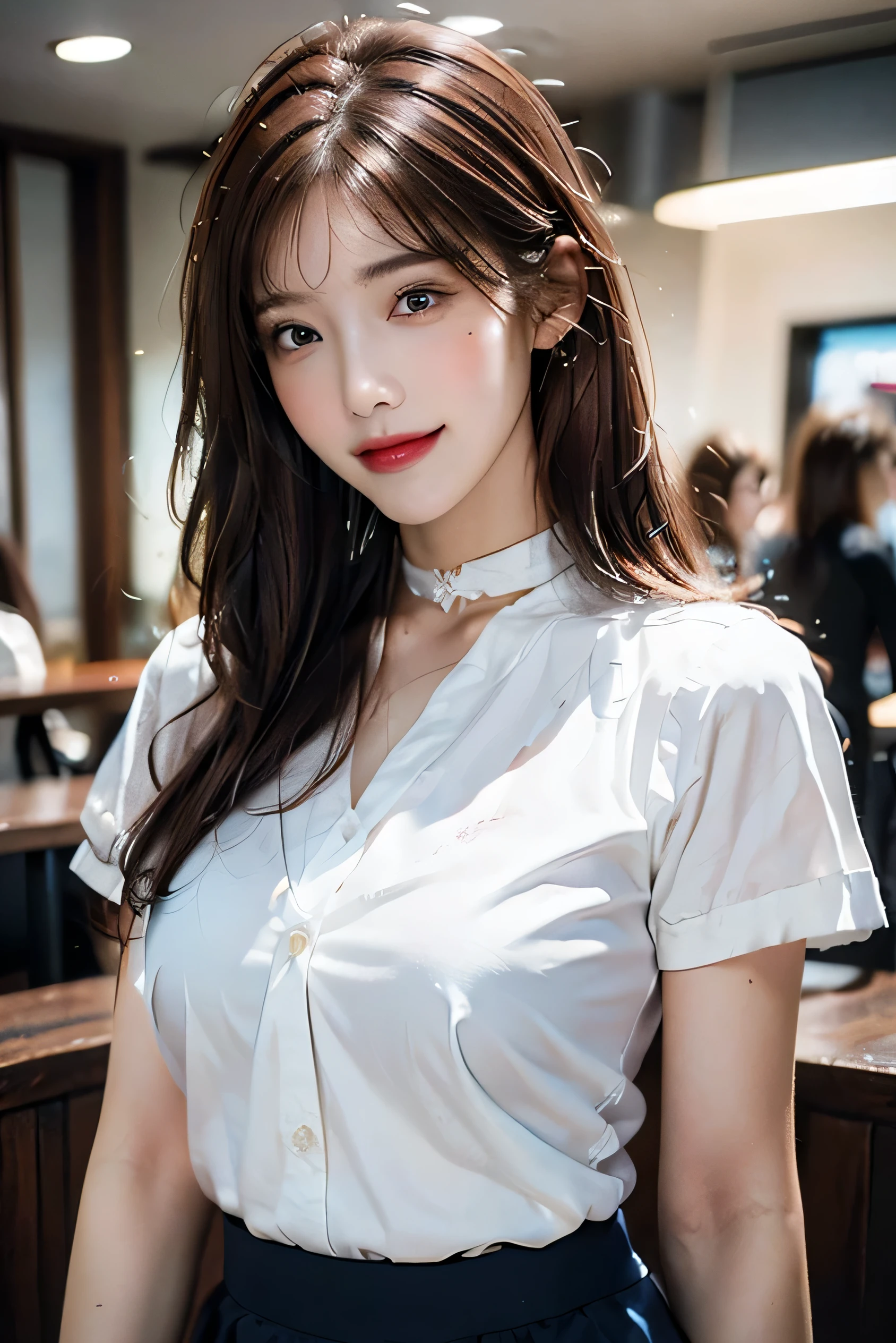 (Photorealistic:1.8, highest quality:1.8,8K masterpiece:1.8,High resolution,Mastepiece:1.8,RAW Photos,Cinematic lighting),No split screen、morning、Cafe、(A girl carrying coffee:1.5)、(Soryu Asuka Langley)、View from the front、
(choker、Medium chest、White Shirt、OL affairs uniform、mini skirt、Wide open chest、Beautiful thighs、Plump nipples)、
(Beautiful, shining red, blue, white, and brown hair:1.5)、Sparkling Blue Eyes、Fine Lines、greet、Smile、wave hands、holding a coffee cup