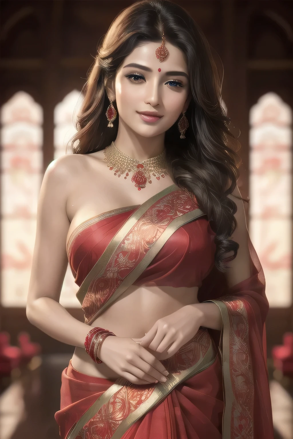 (best quality, highres, ultra-detailed, realistic:1.37), vibrant red saree, beautiful woman, mesmerizing eyes, luscious lips, elegant pose, alluring smile, flowing hair, intricate embroidery, delicate folds, graceful movement, captivating setting, soft lighting, vibrant colors, exquisite makeup, glamorous jewelry