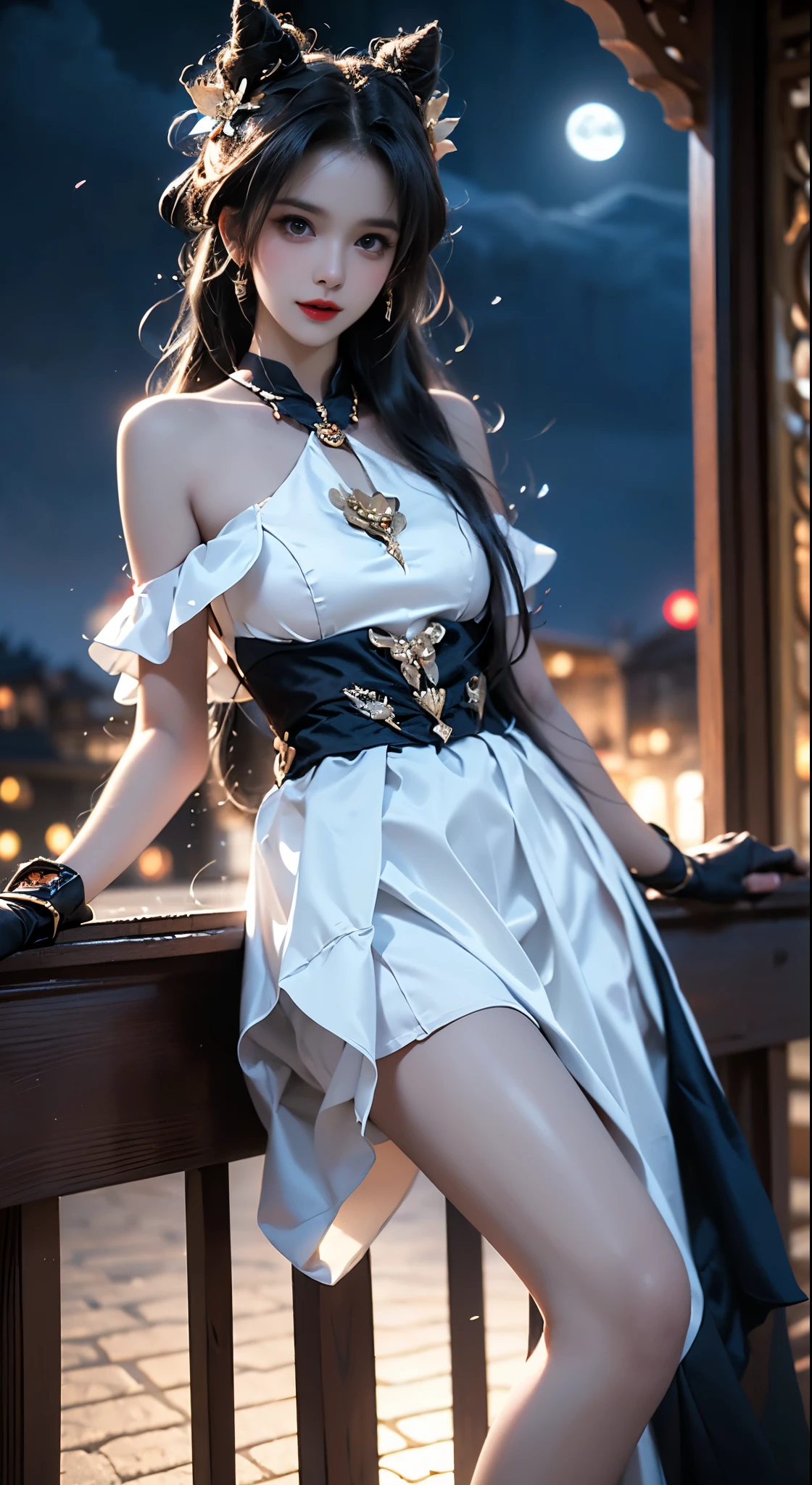((Bare shoulders)), ((Full breasts)), ((The skirt is short)), ((Sexy legs)), ((whole body)), Practical, Fashion girl, Red lips, Mature women, Exquisite makeup, big eyes, beautiful, (best quality, masterpiece:1.2), Ultra Detailed, (Practical:1.37), ((Random scenes, Random shooting angles)), ((Sexy long legs)), Young and energetic, Charming model, (Delicateeyes, Delicate lips), Show a bright smile, Create stunning girl images, warm color, Very high color saturation, Official Art, Extremely detailed CG, Unity 8K Wallpaper, (High Dynamic Range :1.4), (Movie atmosphere),(Soft colors), (Natural skin texture, ultra-Practical, Soft Light, sharp),(Very detailed), night, moonlight