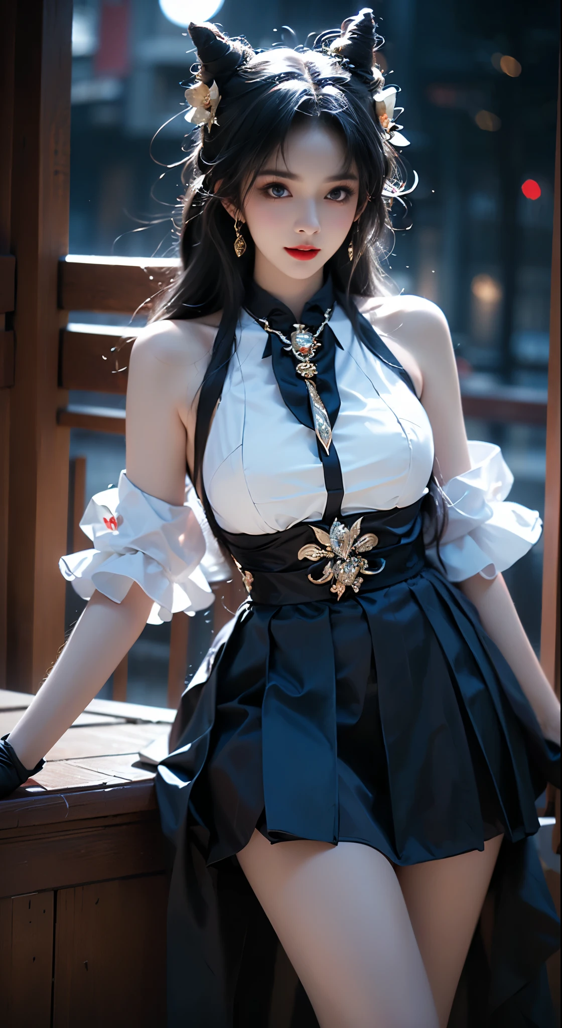 ((best quality)),fat face,Sitting on the balcony of the palace,Have bangs, 被jewelry包裹,Viewed from the perspective below,((masterpiece)),((1 50 year old girl)), alone, Wear luxury high heels, ((jewelry)), ((sleeveless)), blue skirt, ((Gloves)),cross legs,(Fechin oil painting style)
