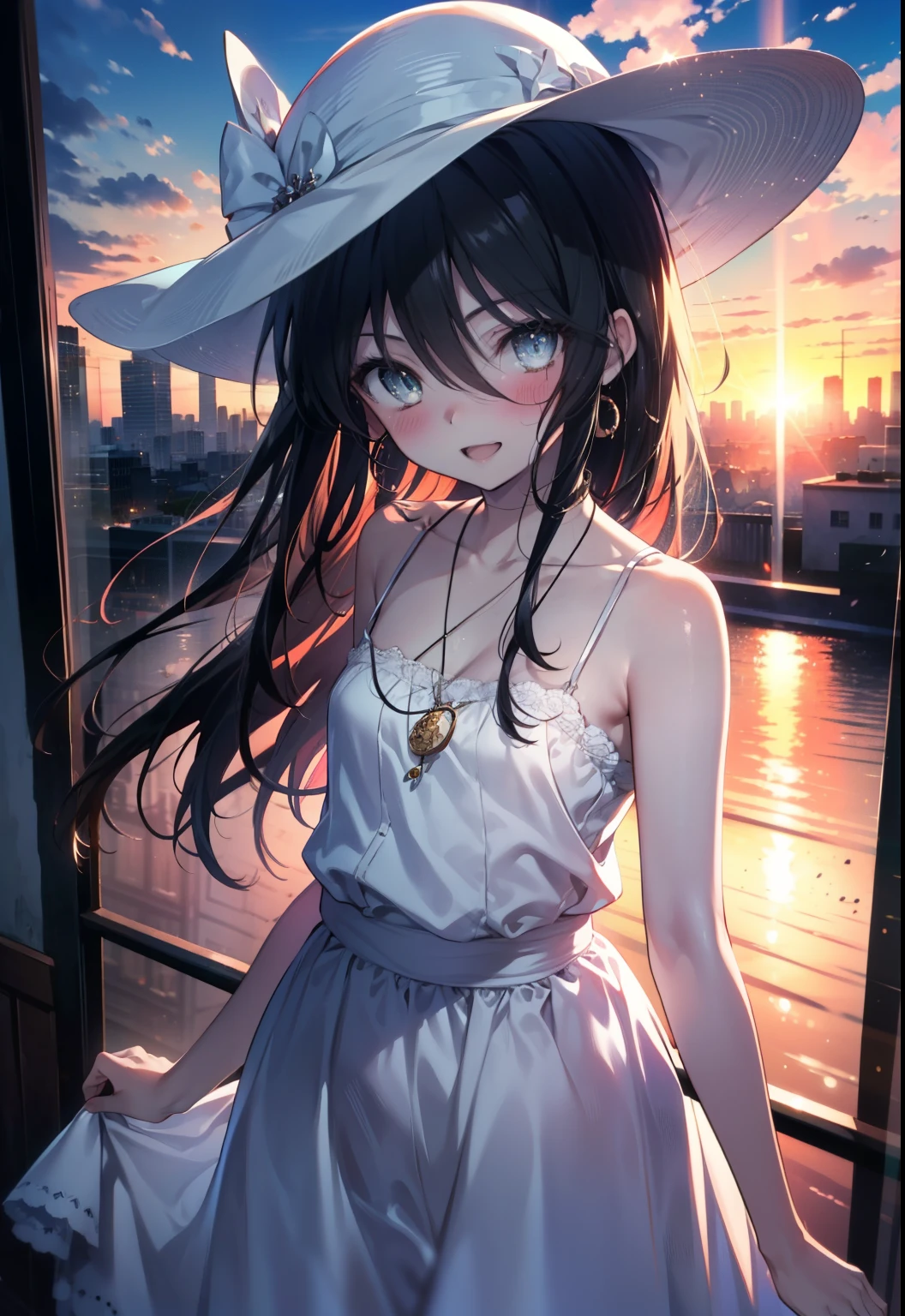 Shana,灼眼のShana,Ahoge,Long Hair,Black Hair, black eye, Small breasts,smile,blush,Open your mouth,Sleeveless dress,Bare shoulders,bare clavicle,Bare neck,Rocket Pendant,White hat,Long skirt,Cute heeled sandals,Looking down from above,sunset,evening,The sun is setting,
break looking at viewer, (Cowboy Shot:1. 5)
break outdoors, City Street,Building district,
break (masterpiece:1.2), highest quality, High resolution, unity 8k wallpaper, (shape:0.8), (Fine and beautiful eyes:1.6), Highly detailed face, Perfect lighting, Highly detailed CG, (Perfect hands, Perfect Anatomy),