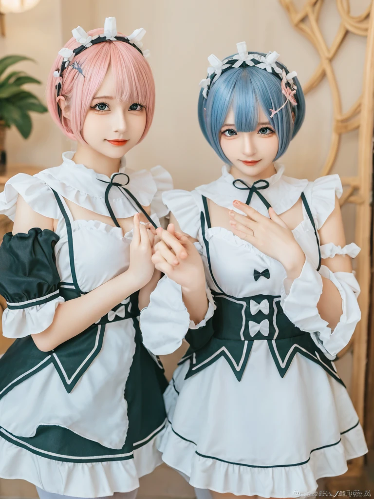 (8K, Photorealistic, Raw photo, of the highest quality: 1.3), (1girl in), Super beautiful, (Realistic face), (boyish, pink Color Berry Shorthair), Beautiful , Glare that captivates the viewer, Beautiful expression, Beautiful breasts, (Realistic skin), Be...Create a detailed and colorful image of Ram and Rem from Re:Zero, standing back-to-back in their maid outfits, with a magical fantasy background、14years old, two girls,cute, perfect face, beautiful, nice body, gothic lolita clothes, gothic lolita fashion, frilly skirt, headdress, necklace, bracelet, knee-high socks, boots, double eyelids, tear bags, Detailed down to the fingers, photo-like description, indoors, dim indoor lighting, one girl is pink hair and short bob, another girl is light blue hair and short bob,standing,whole body, composition that shows the whole body, smiling,The Both of them are wearing the same type of maid outfit,Optimal ratio of 4 fingers and 1 thumb