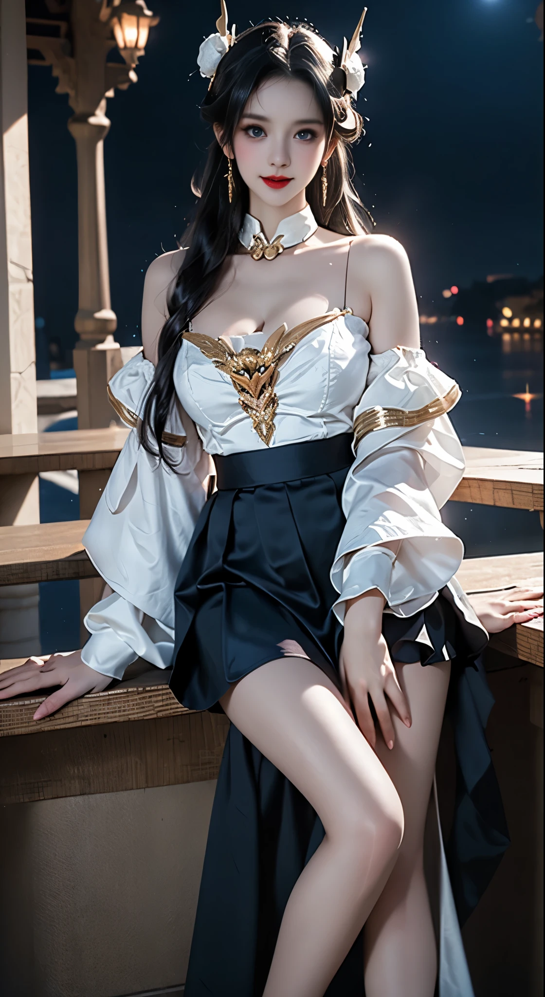 ((Bare shoulders)), ((Full breasts)), ((The skirt is short)), ((Sexy legs)), ((whole body)), Practical, Fashion girl, Red lips, Mature women, Exquisite makeup, big eyes, beautiful, (best quality, masterpiece:1.2), Ultra Detailed, (Practical:1.37), ((Random scenes, Random shooting angles)), ((Sexy long legs)), Young and energetic, Charming model, (Delicateeyes, Delicate lips), Show a bright smile, Create stunning girl images, warm color, Very high color saturation, Official Art, Extremely detailed CG, Unity 8K Wallpaper, (High Dynamic Range :1.4), (Movie atmosphere),(Soft colors), (Natural skin texture, ultra-Practical, Soft Light, sharp),(Very detailed), night, moonlight