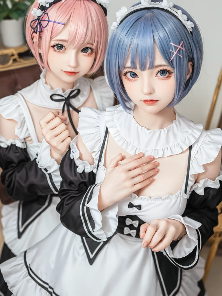 (8K, Photorealistic, Raw photo, of the highest quality: 1.3), (1girl in), Super beautiful, (Realistic face), (boyish, pink Color Berry Shorthair), Beautiful , Glare that captivates the viewer, Beautiful expression, Beautiful breasts, (Realistic skin), Be...Create a detailed and colorful image of Ram and Rem from Re:Zero, standing back-to-back in their maid outfits, with a magical fantasy background、14years old, two girls,cute, perfect face, beautiful, nice body, gothic ta clothes, gothic loliashion, frilly skirt, headdress, necklace, bracelet, knee-high socks, boots, double eyelids, tear bags, Detailed down to the fingers, photo-like description, indoors, dim indoor lighting, one girl is pink hair and short bob, another girl is light blue hair and short bob,standing,whole body, composition that shows the whole body, smiling,The Both of them are wearing the same type of maid outfit,Optimal ratio of 4 fingers and 1 thumb