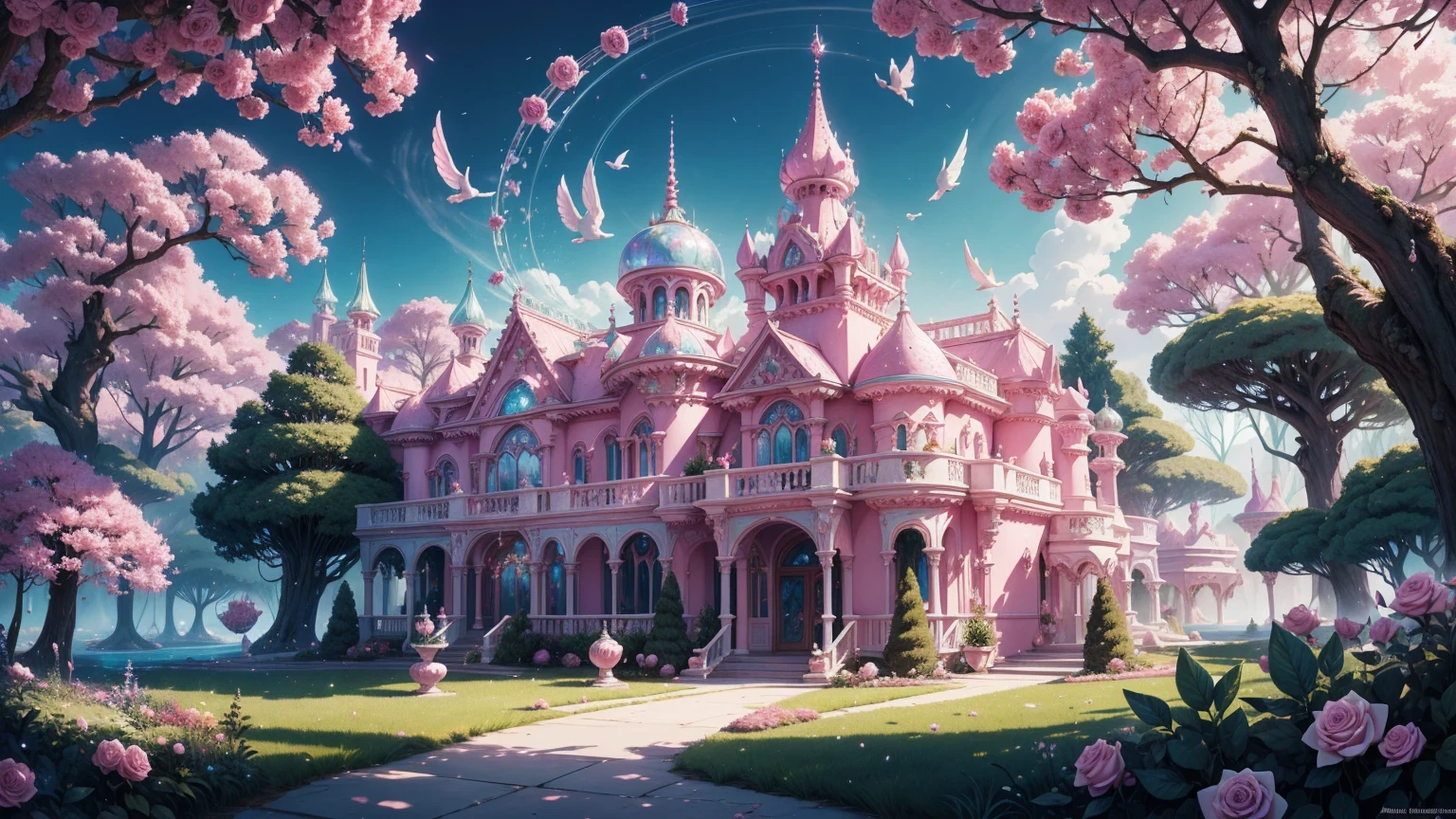 (Absurdres:1.2), exquisitely detailed Pastel Cartoon-style palace, roses and rubys, magical elements, mobile game, forest and plants, ethereal, a touch of magical elements, outlines of animals., dripping paint style, holographic, pink and white triadic colors,