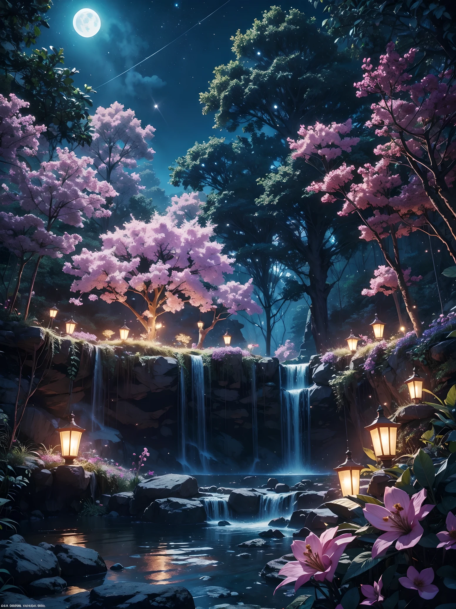 An intricate and stunning display of fairy lights, with glowing pastel lights, delicately wrapped around trees in the jungle, there are vibrant colors all around in the flowers, Nighttime, ambient moonlight